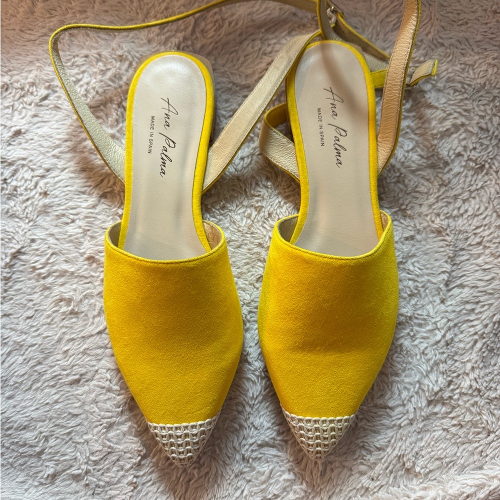Ana Palma Suede Leather Yellow Slingback Pointed Toe Flat Sandals Size 9.5-10 - Picture 7 of 9